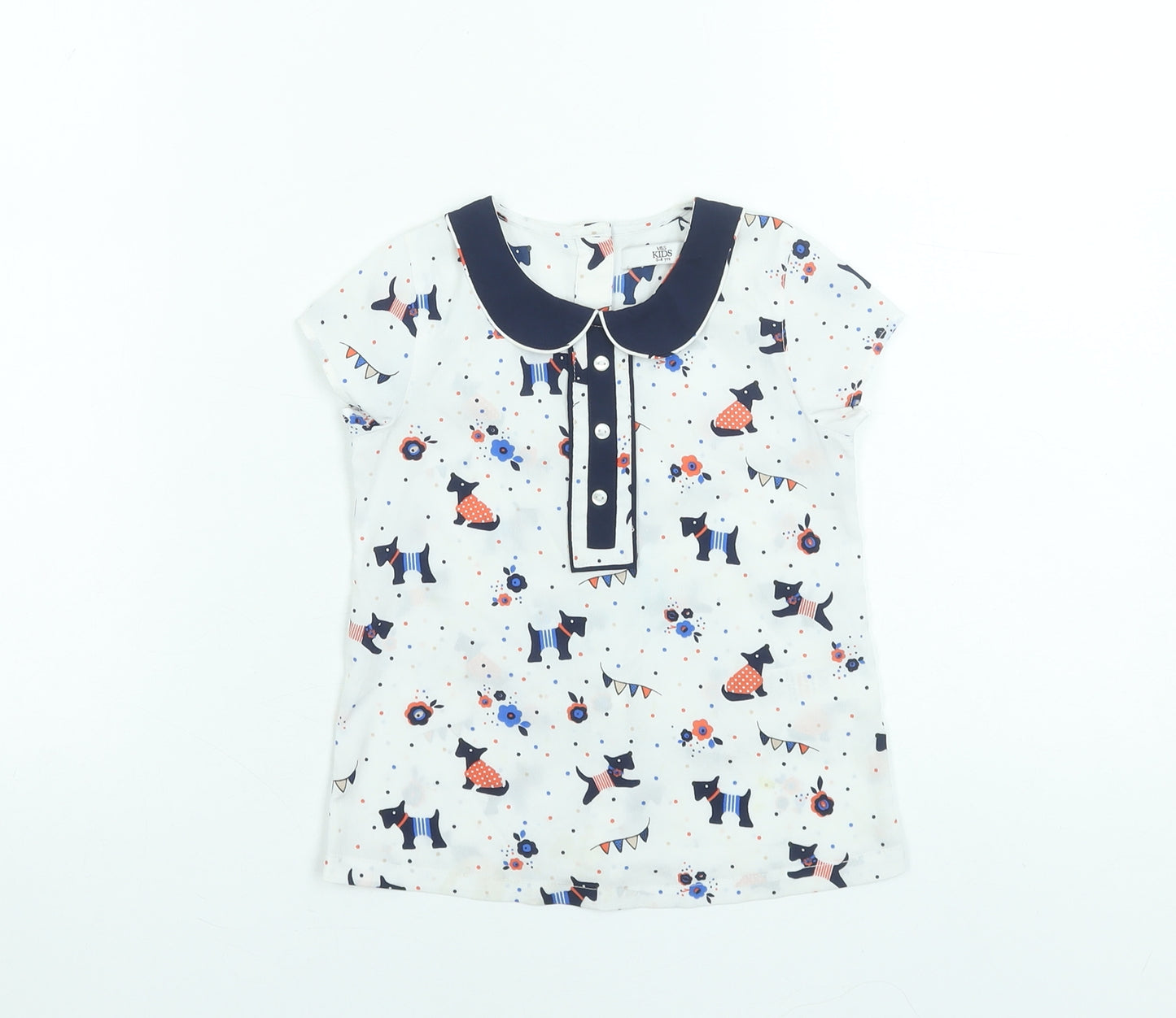 Marks and Spencer Girls White Dog Print Short Sleeve Blouse 3-4 Years