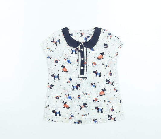 Marks and Spencer Girls White Dog Print Short Sleeve Blouse 3-4 Years
