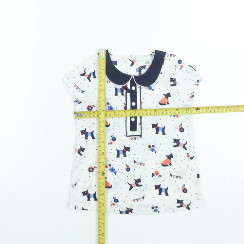Marks and Spencer Girls White Dog Print Short Sleeve Blouse 3-4 Years