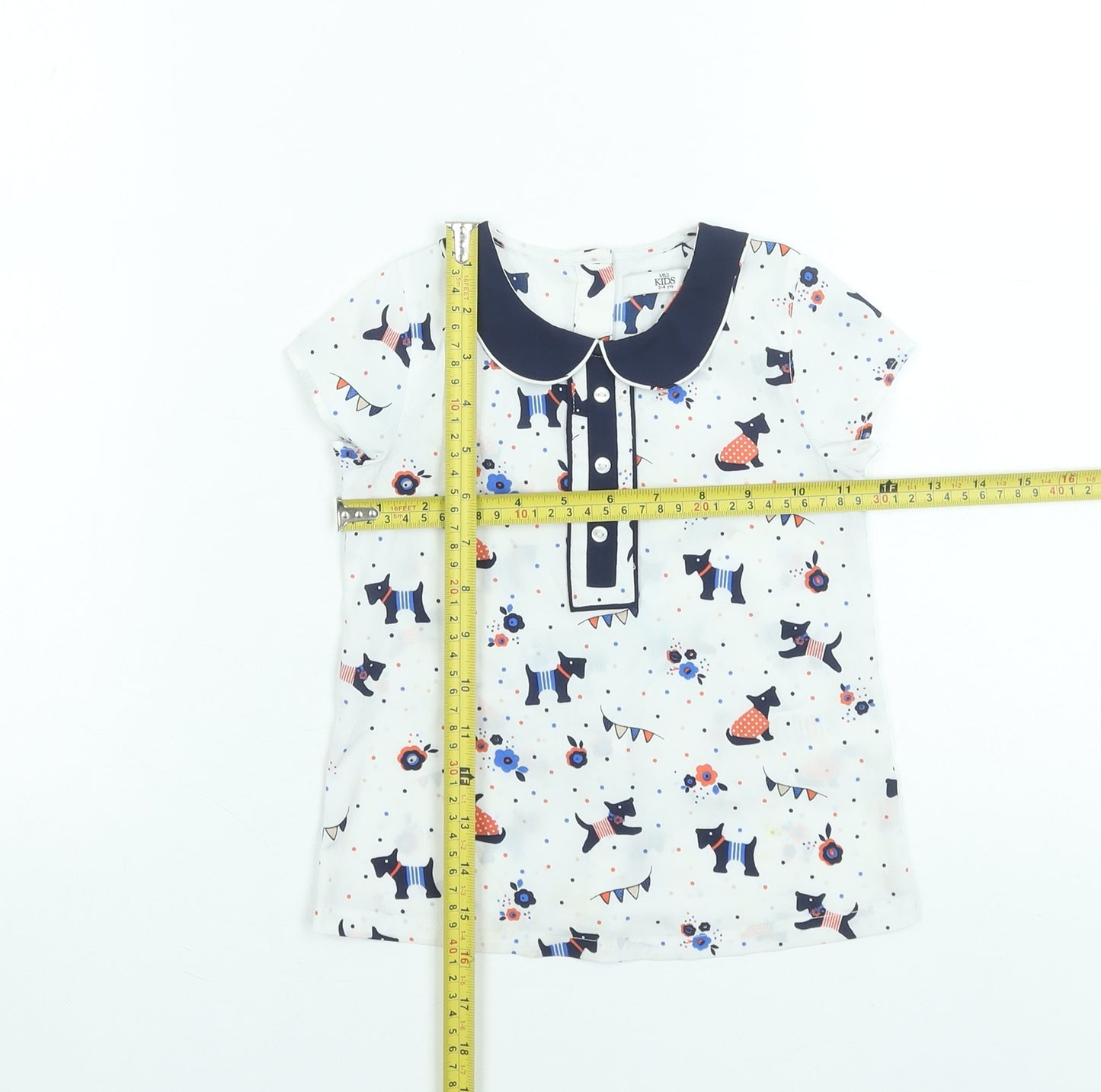 Marks and Spencer Girls White Dog Print Short Sleeve Blouse 3-4 Years