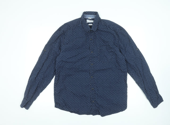 s.Oliver Men's Blue Geometric Long Sleeve Button-Up Shirt XL
