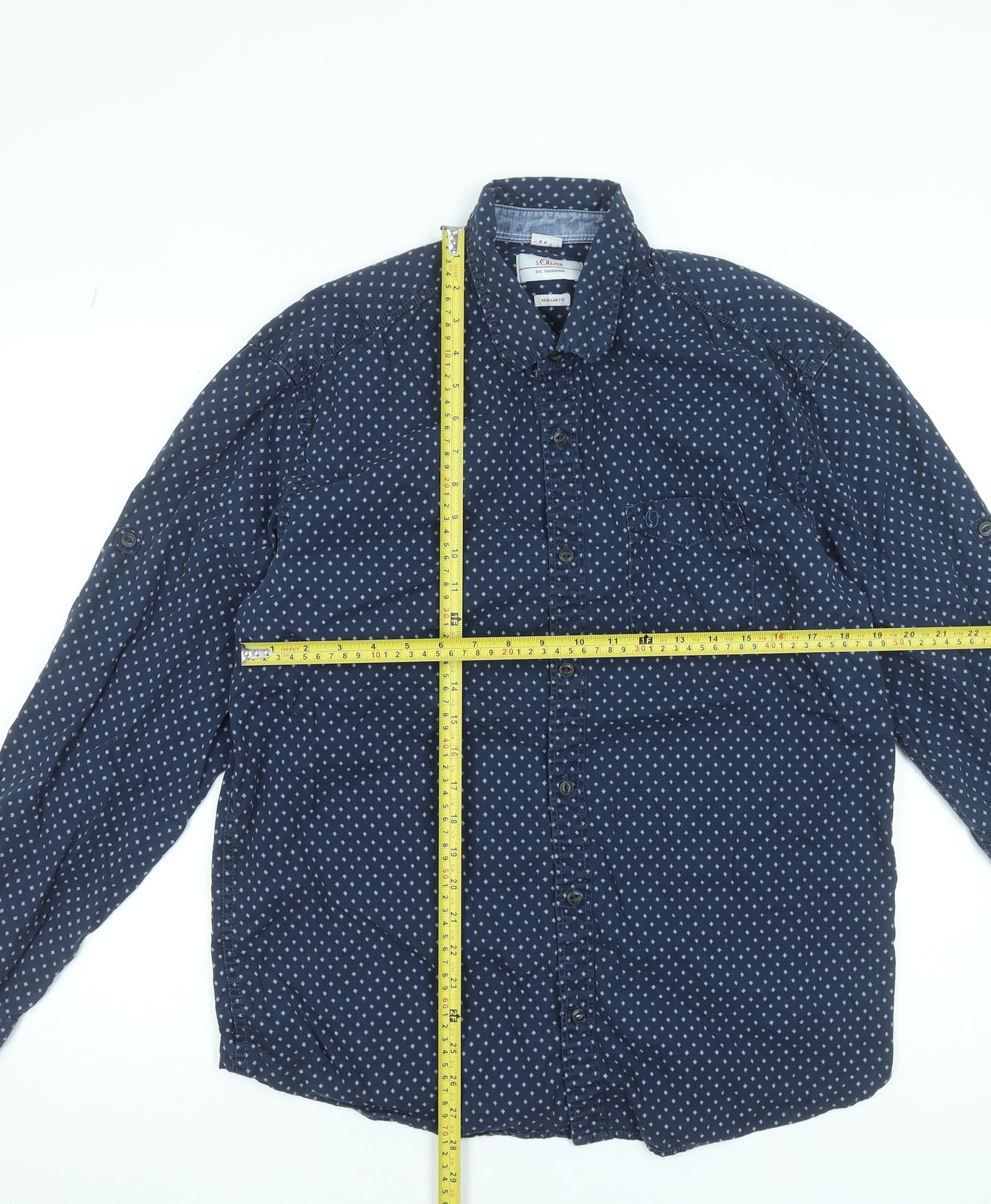 s.Oliver Men's Blue Geometric Long Sleeve Button-Up Shirt XL