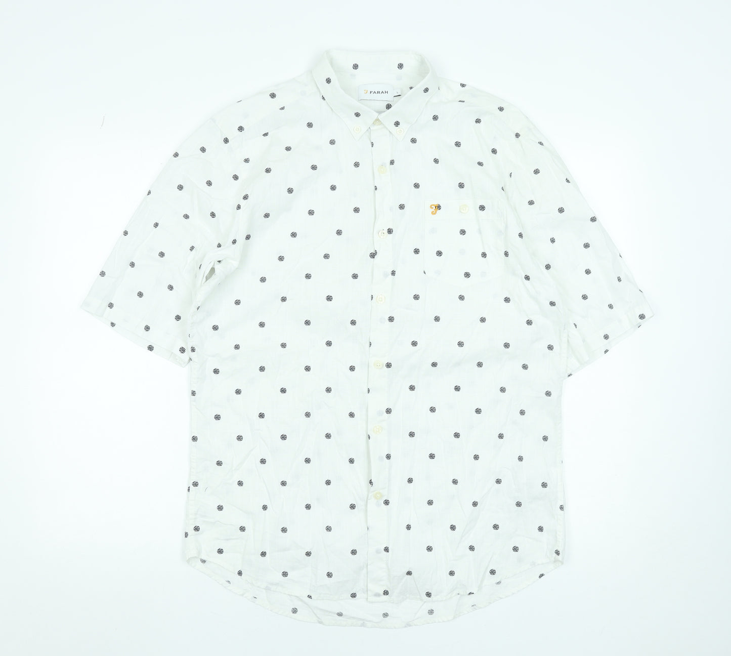 Farah Men's White Polka Dot Short Sleeve Cotton Button-Up Shirt - L