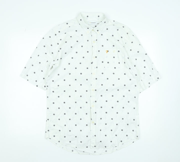 Farah Men's White Polka Dot Short Sleeve Cotton Button-Up Shirt - L