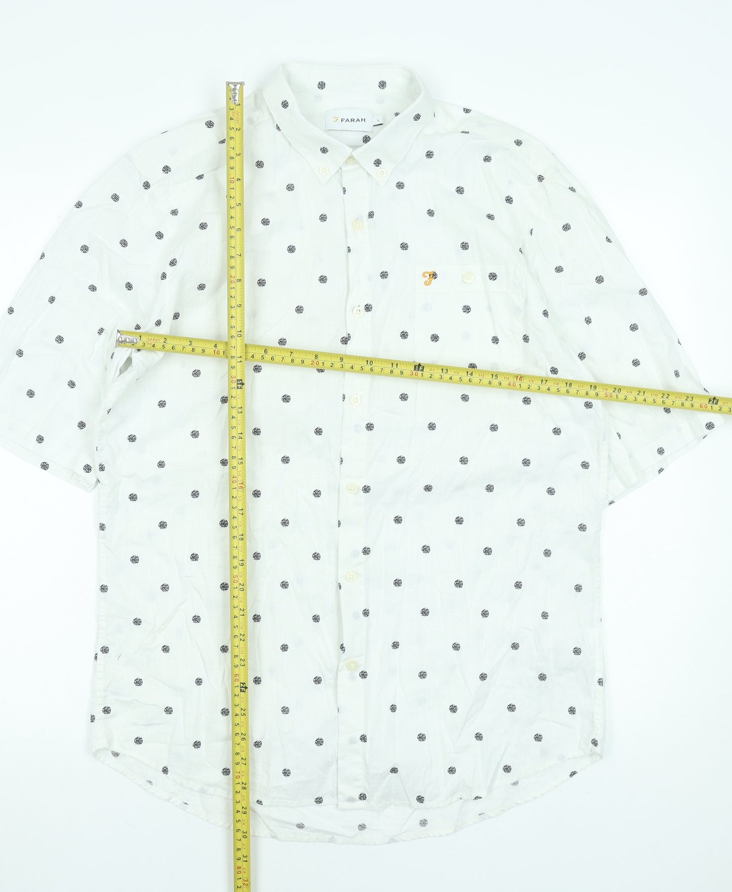 Farah Men's White Polka Dot Short Sleeve Cotton Button-Up Shirt - L