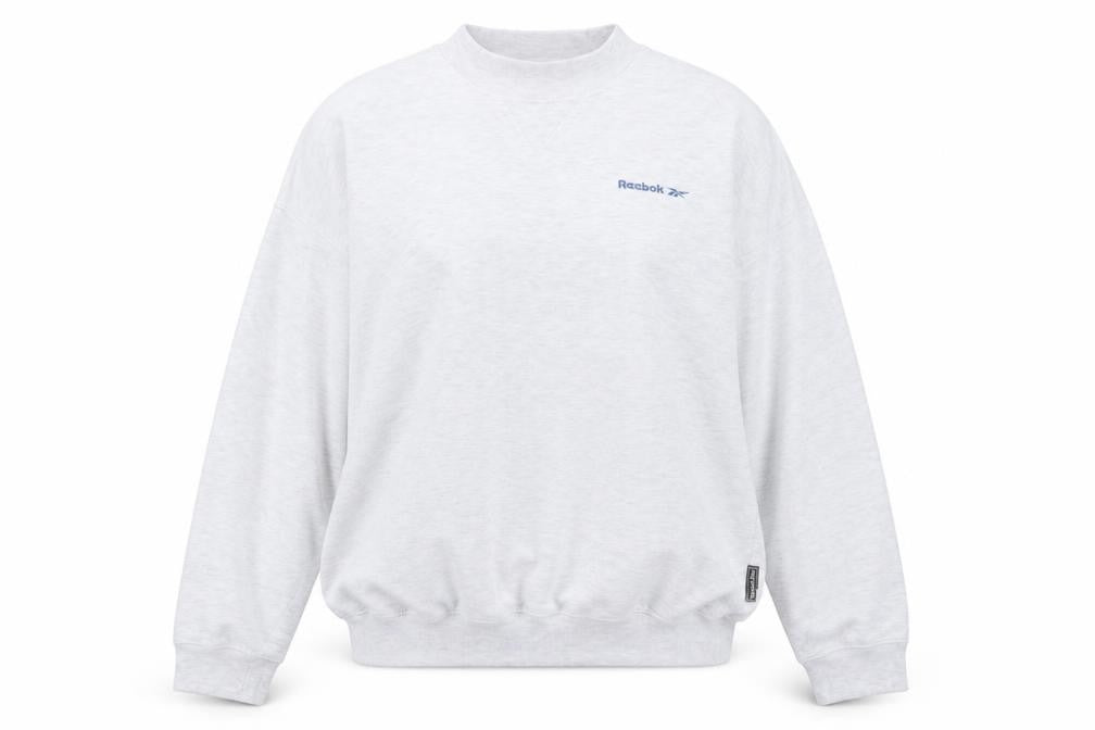 Front view of Reebok Essentials Women's Grey Pullover Sweatshirt M Casual Logo Crew Neck