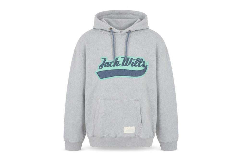 Front view of Jack Wills Men's Grey Pullover Hoodie Medium Embroidered Logo