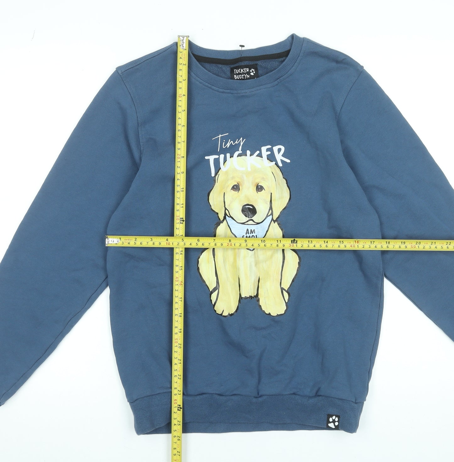 Tucker Budzyn Women's Blue Cotton Pullover Sweatshirt Size S Dog Print