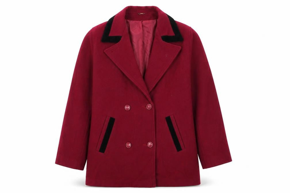 Front view of Vintage Women's Red Wool Pea Coat, size 16, Double-Breasted UK