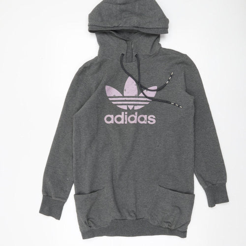 Adidas Women Grey Pullover Hoodie Size 10 Cotton Blend Logo Print