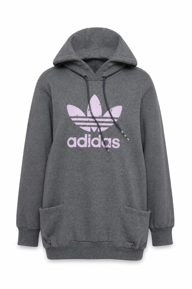 Front view of Adidas Women Grey Pullover Hoodie, size 10, Cotton Blend Logo Print