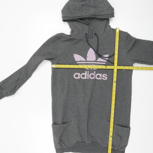 Adidas Women Grey Pullover Hoodie Size 10 Cotton Blend Logo Print