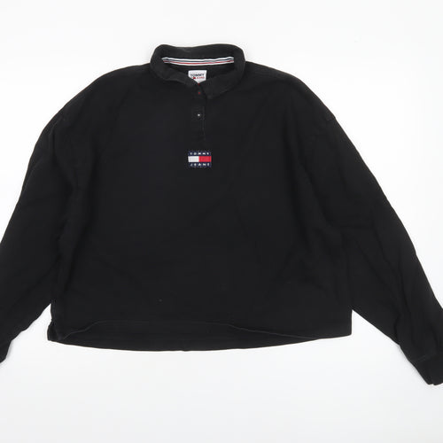 Tommy Jeans Women Black Cotton Henley Sweatshirt L Logo Pullover