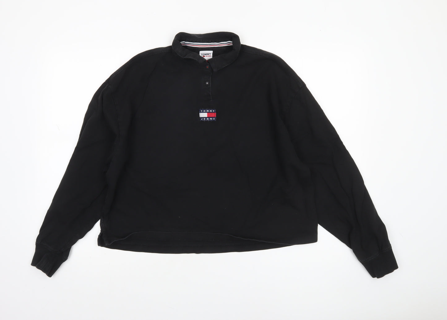 Tommy Jeans Women Black Cotton Henley Sweatshirt L Logo Pullover