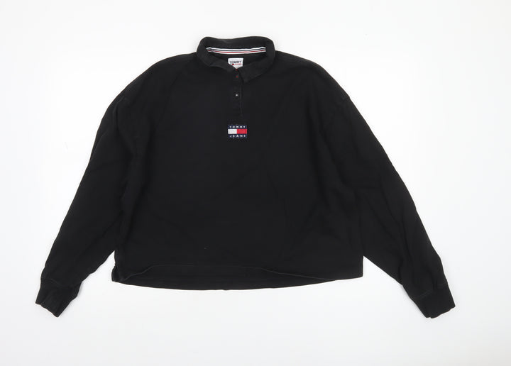 Tommy Jeans Women Black Cotton Henley Sweatshirt L Logo Pullover