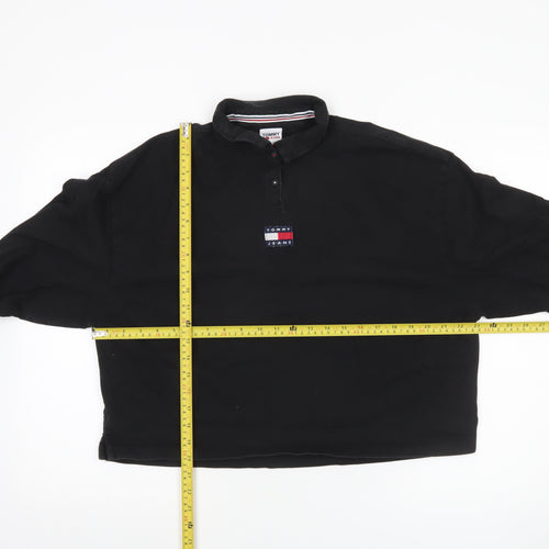 Tommy Jeans Women Black Cotton Henley Sweatshirt L Logo Pullover