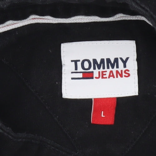 Tommy Jeans Women Black Cotton Henley Sweatshirt L Logo Pullover