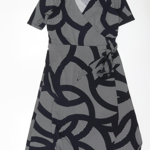 H&M Women’s Black Geometric Wrap Dress Size 12 Short Sleeve V-Neck