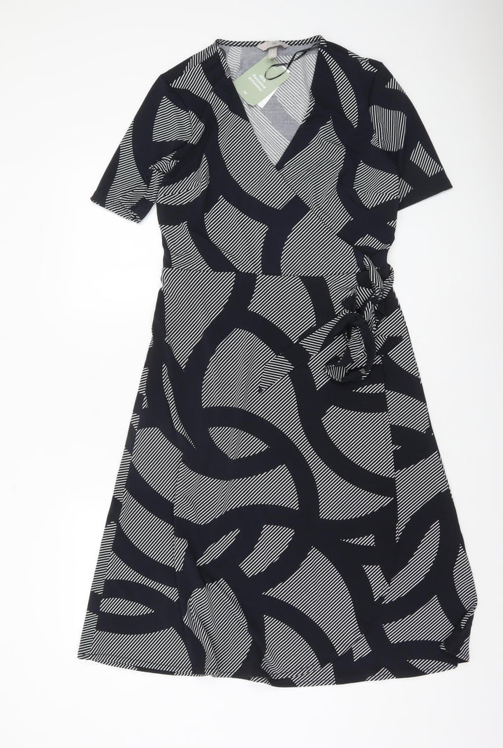 H&M Women’s Black Geometric Wrap Dress Size 12 Short Sleeve V-Neck