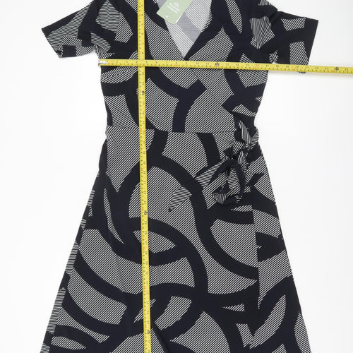 H&M Women’s Black Geometric Wrap Dress Size 12 Short Sleeve V-Neck