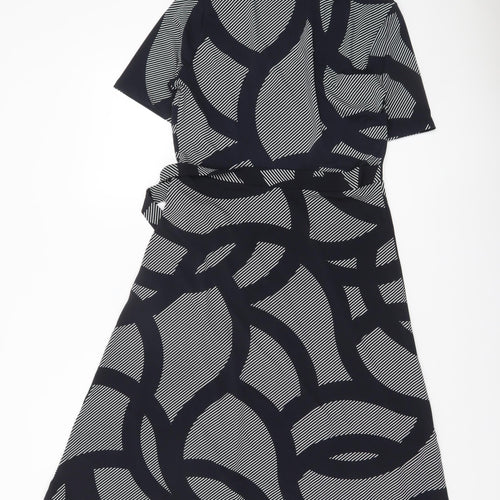 H&M Women’s Black Geometric Wrap Dress Size 12 Short Sleeve V-Neck