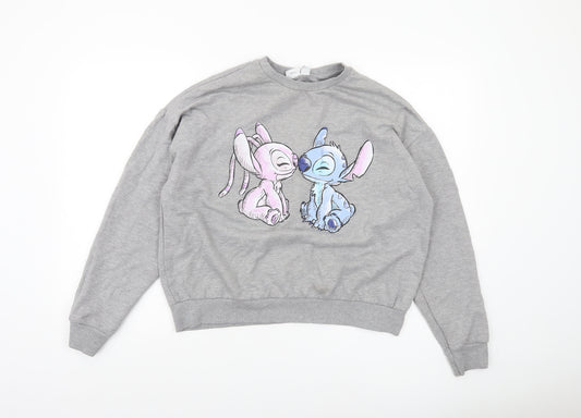 Front view of Disney Women’s Grey Stitch Sweatshirt, size UK 12/14, Crew Neck Pullover