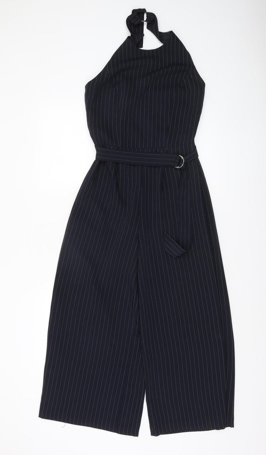 Warehouse Women's Black Pinstripe Halter Wide-Leg Jumpsuit Size 8