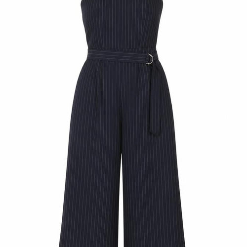 Warehouse Women's Black Pinstripe Halter Wide-Leg Jumpsuit Size 8