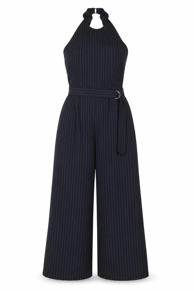 Warehouse Women's Black Pinstripe Halter Wide-Leg Jumpsuit Size 8