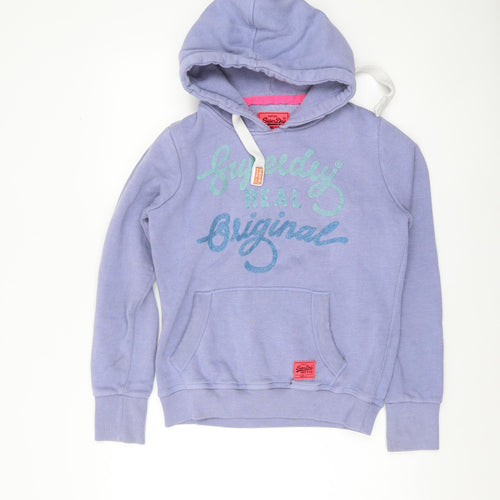 Superdry Women Purple Pullover Hoodie M Vintage Glitter Logo Cotton Blend