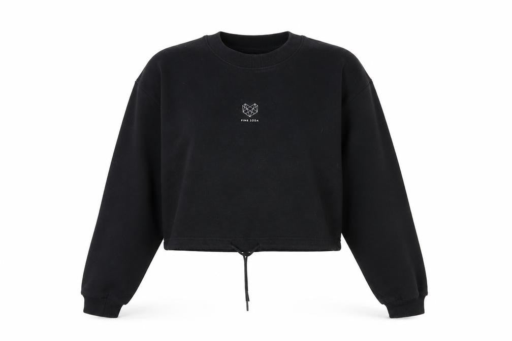 Front view of Pink Soda Black Cropped Sweatshirt Women M Drawstring Hem Cotton Blend
