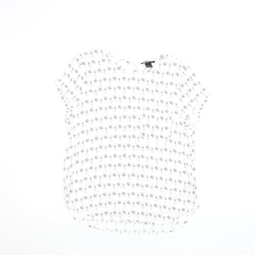 H&M Women White Key Print Chiffon Blouse Size 12 Short Sleeve