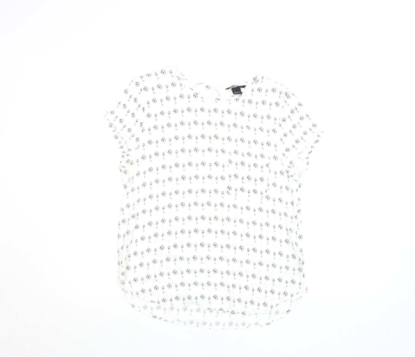 H&M Women White Key Print Chiffon Blouse Size 12 Short Sleeve