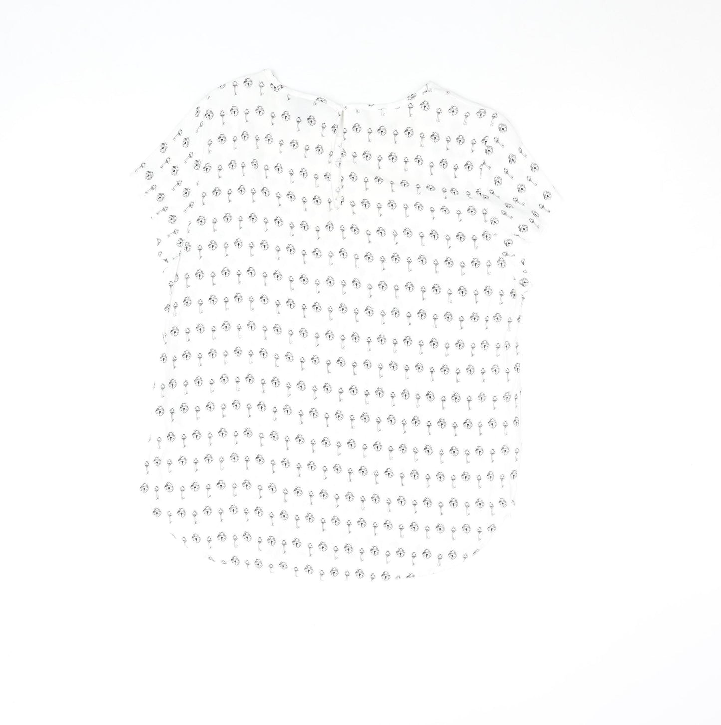 H&M Women White Key Print Chiffon Blouse Size 12 Short Sleeve