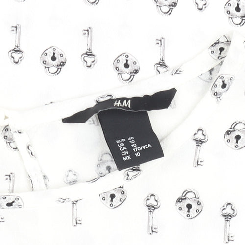 H&M Women White Key Print Chiffon Blouse Size 12 Short Sleeve