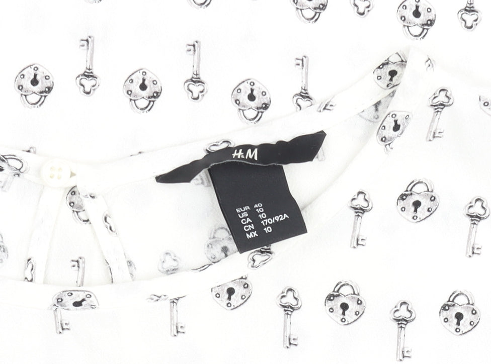 H&M Women White Key Print Chiffon Blouse Size 12 Short Sleeve