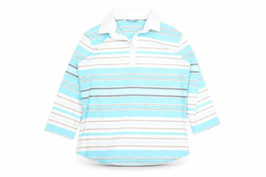 Front view of Dunnes Women Blue Striped Cotton Polo Top, size 10-12