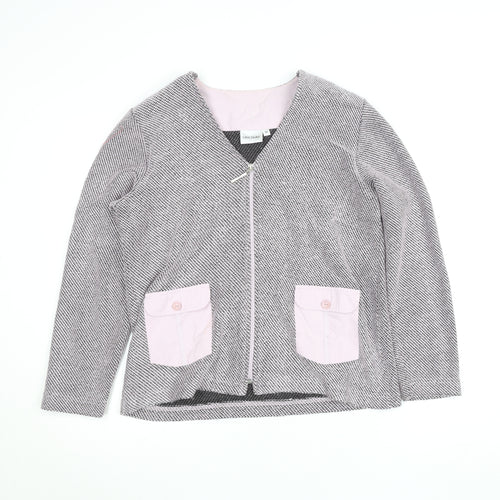 Gina Laura Women Grey Herringbone Zip Jacket with Pink Pockets M