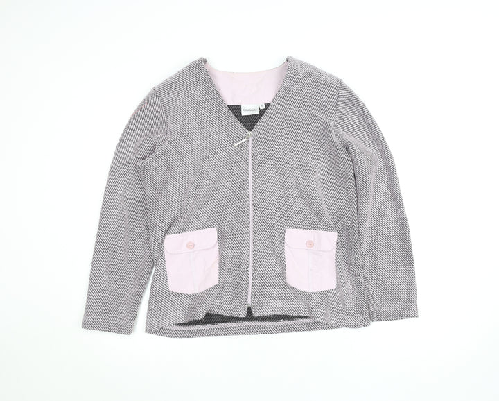Gina Laura Women Grey Herringbone Zip Jacket with Pink Pockets M