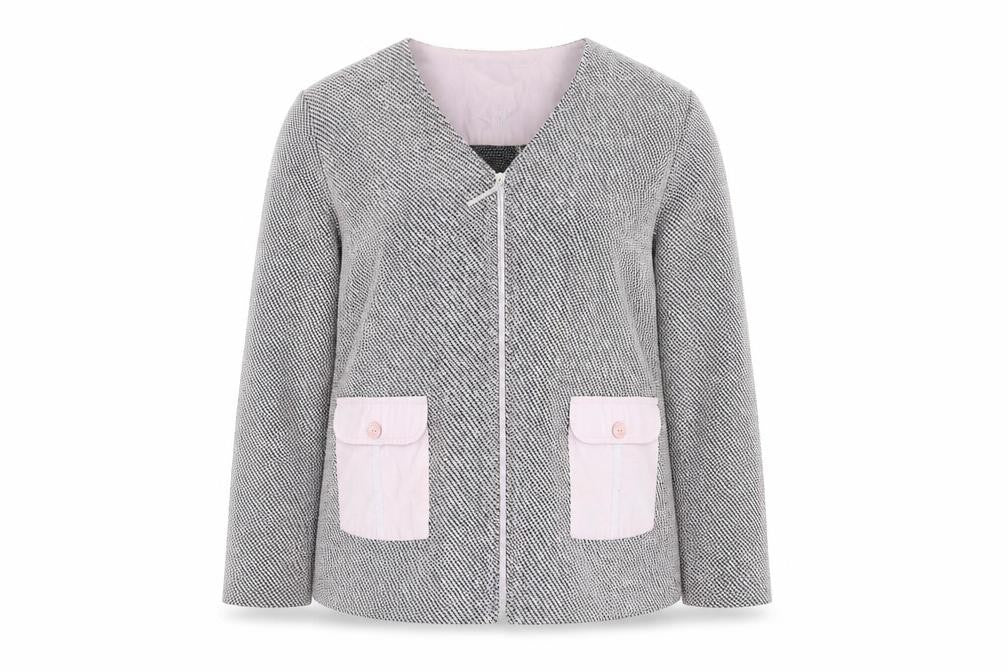 Front view of Gina Laura Women Grey Herringbone Zip Jacket with Pink Pockets M