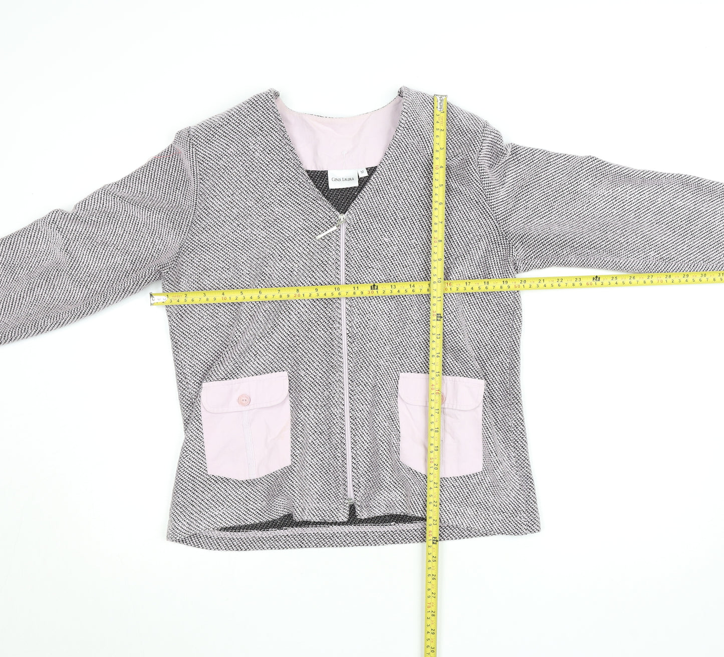 Gina Laura Women Grey Herringbone Zip Jacket with Pink Pockets M