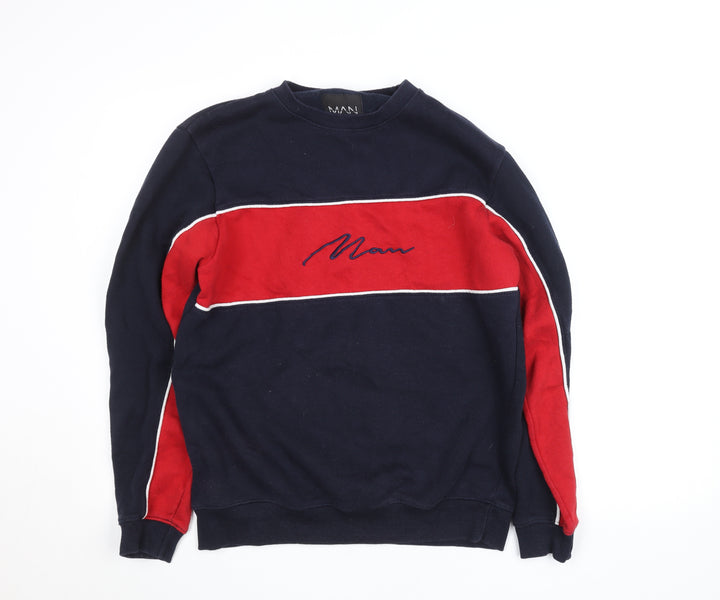 boohooMAN Men’s Navy & Red Crew Neck Embroidered Logo Sweatshirt Size M