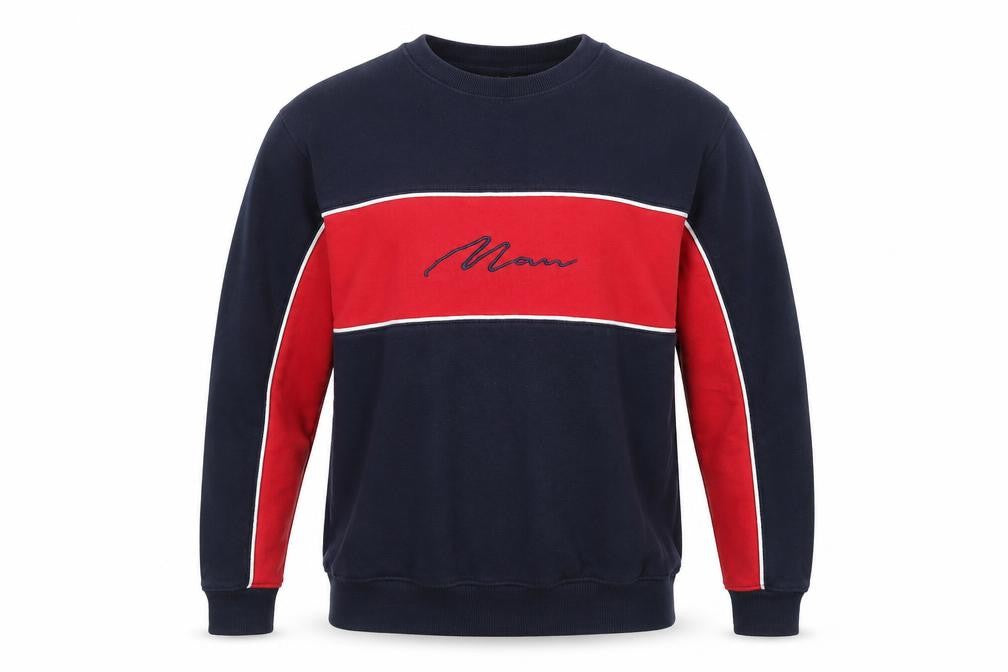 Front view of boohooMAN Men’s Navy & Red Crew Neck Embroidered Logo Sweatshirt, size M
