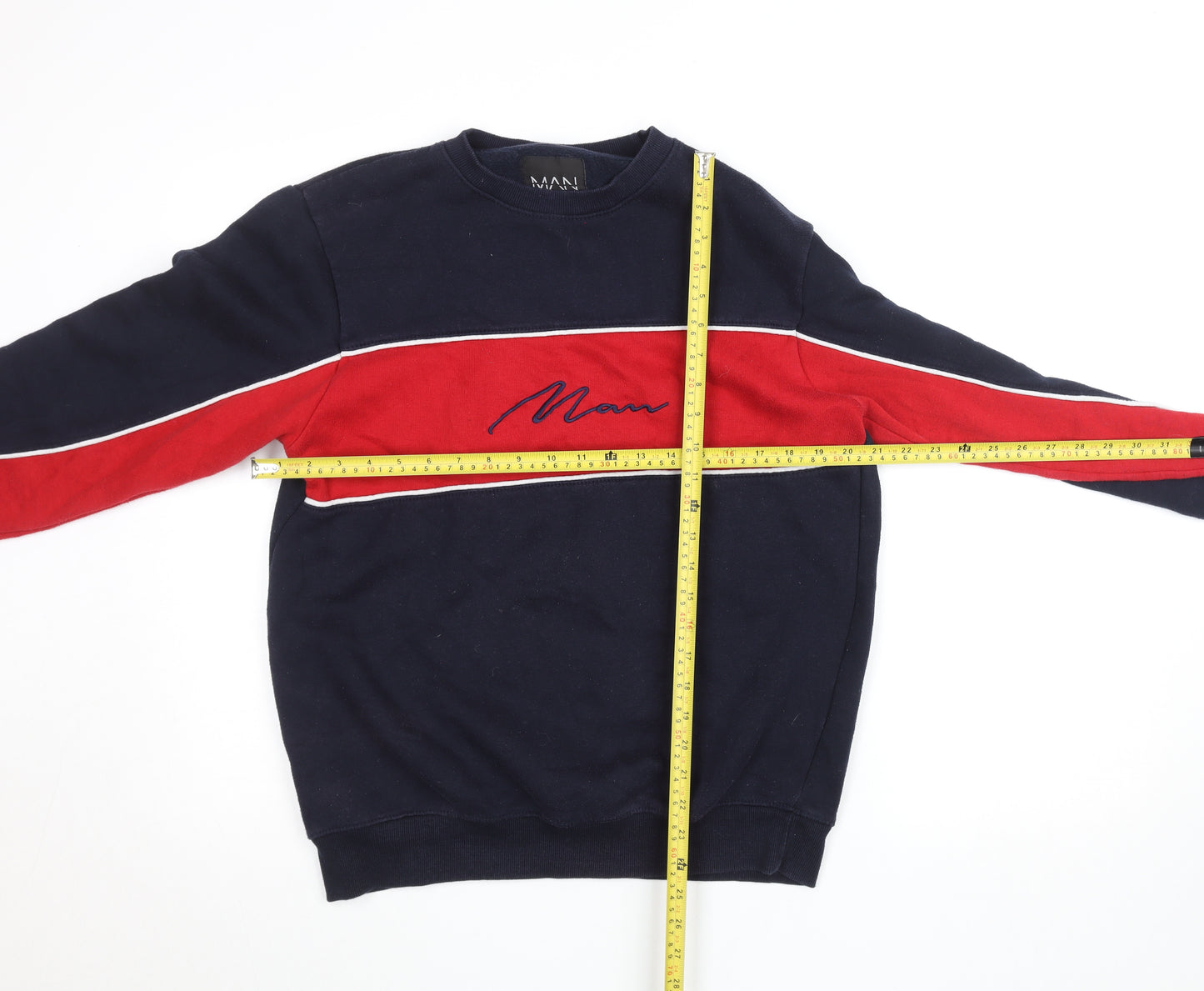 boohooMAN Men’s Navy & Red Crew Neck Embroidered Logo Sweatshirt Size M