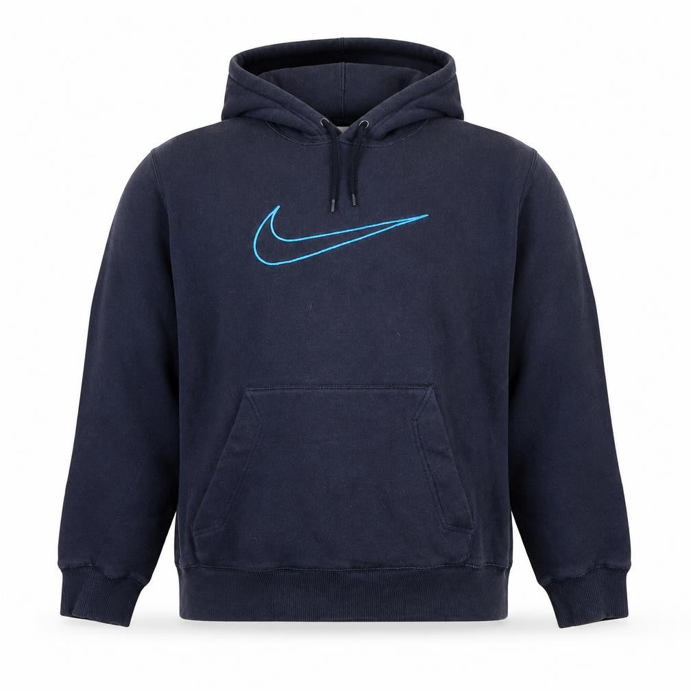 Front view of Nike Women's Navy Blue Pullover Hoodie, size L, Fleece Lined
