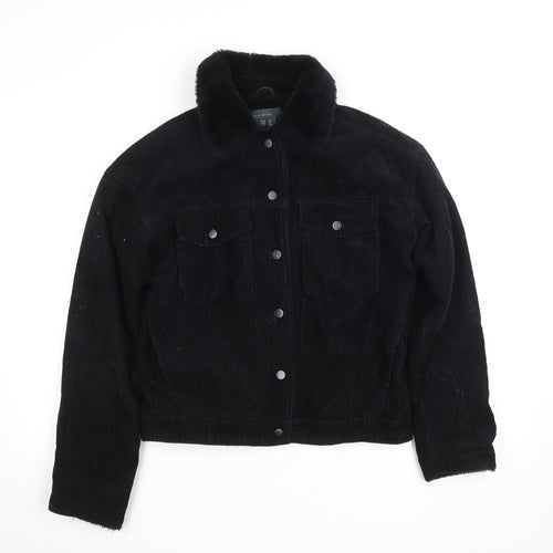 Primark Women Black Corduroy Faux Fur Lined Button Jacket Size 4