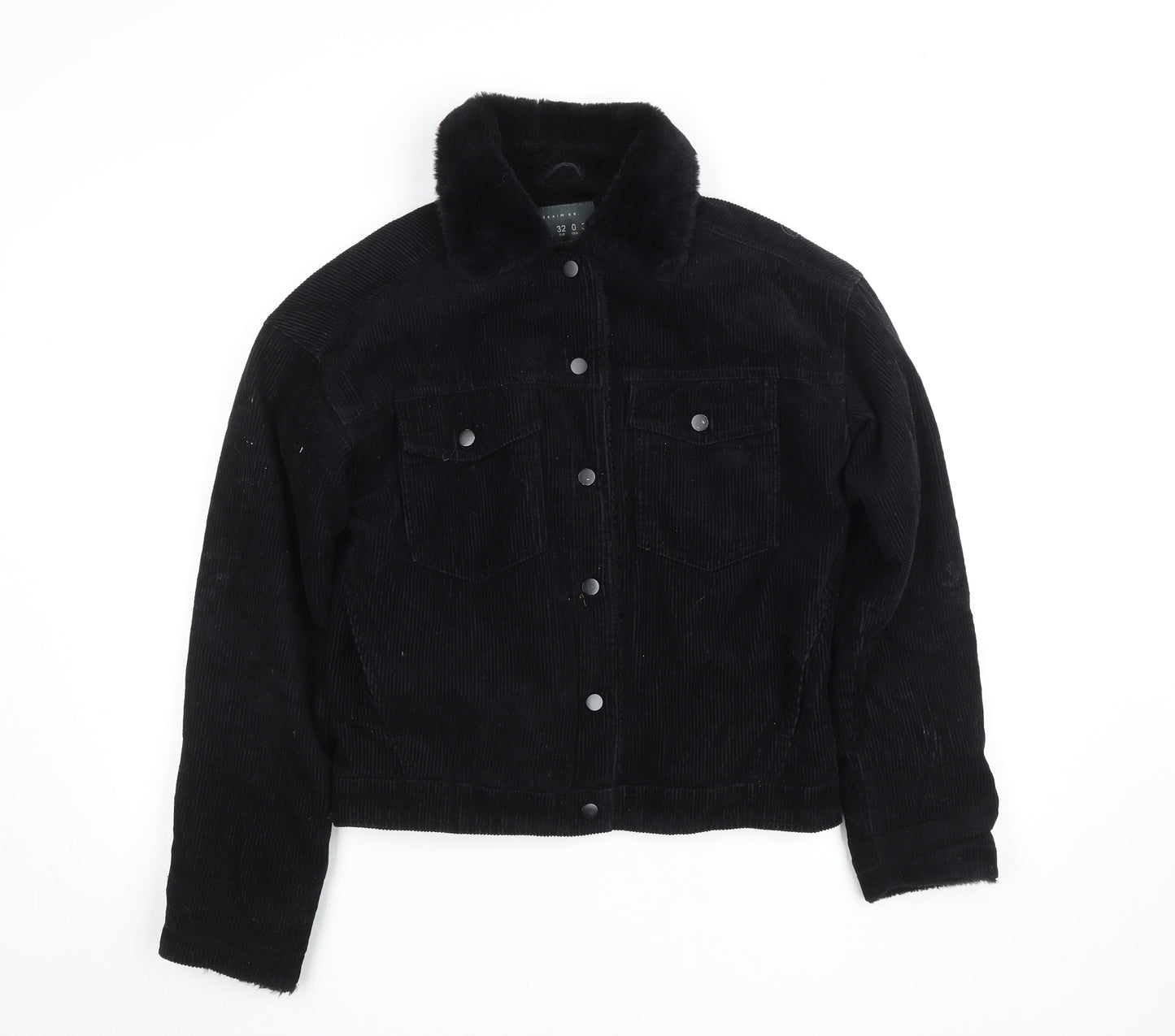 Primark Women Black Corduroy Faux Fur Lined Button Jacket Size 4