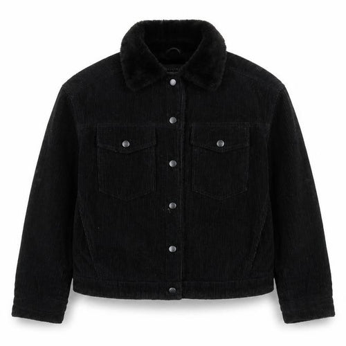 Primark Women Black Corduroy Faux Fur Lined Button Jacket Size 4