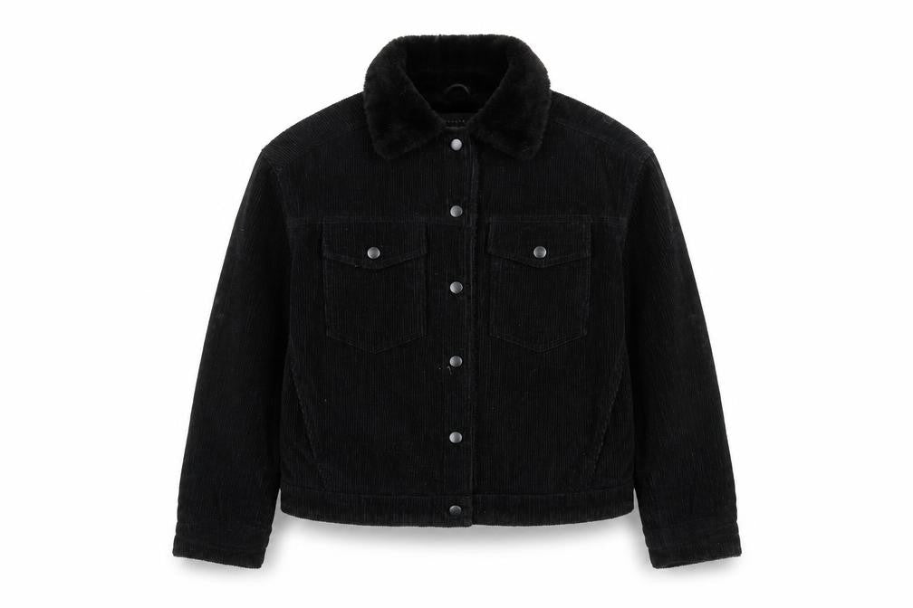 Primark Women Black Corduroy Faux Fur Lined Button Jacket Size 4