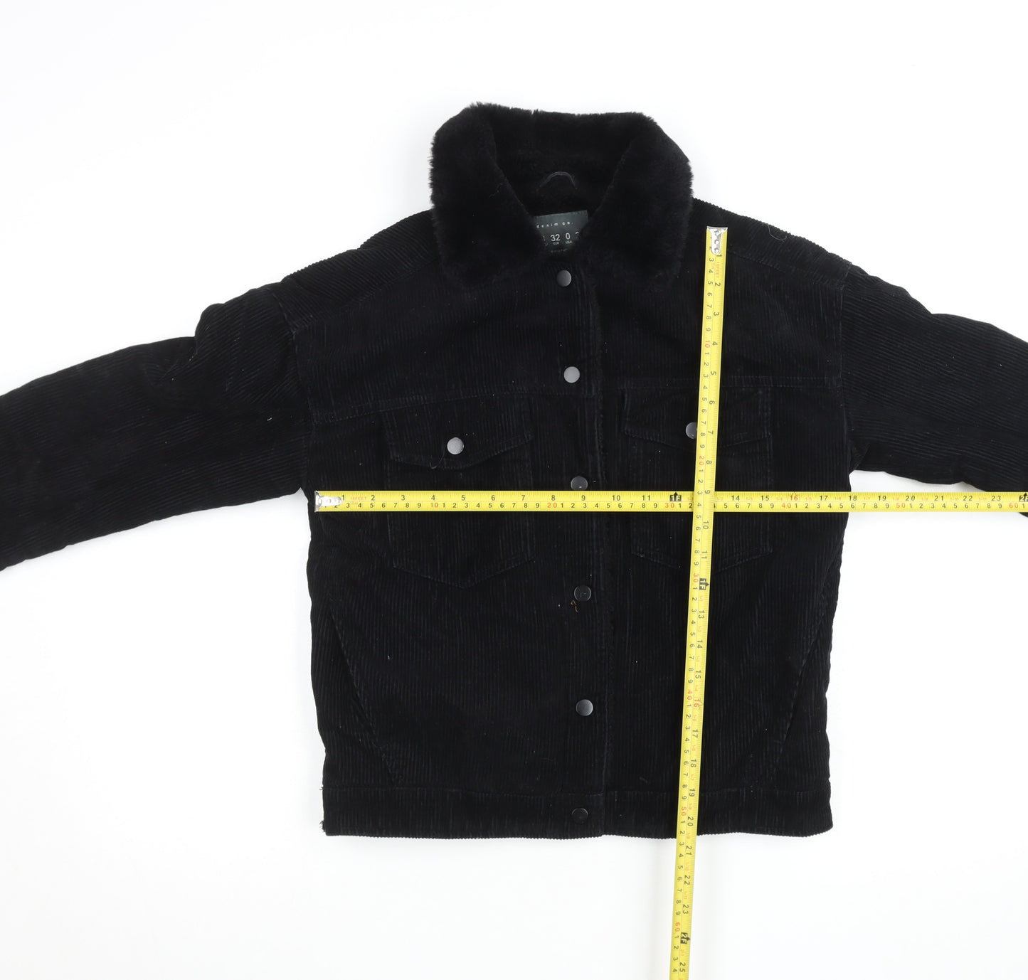 Primark Women Black Corduroy Faux Fur Lined Button Jacket Size 4